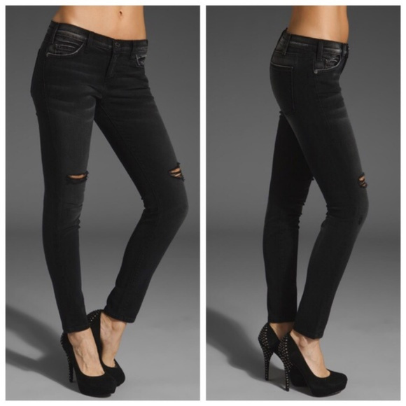 Black Distressed Current/Elliott Skinny Jeans - Picture 1 of 6